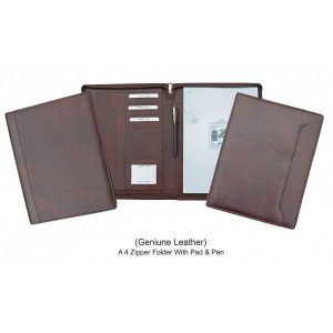 A 4 Zipper Folder With Pad & Pen- GENUINE LEATHER